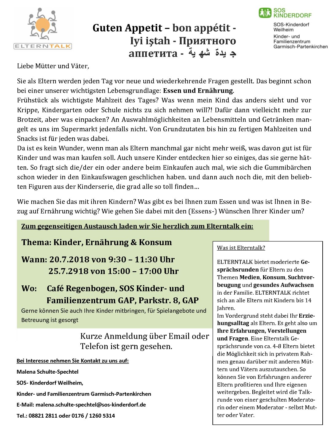 Einladung zum Eltern-Talk Einladung zum Eltern-Talk